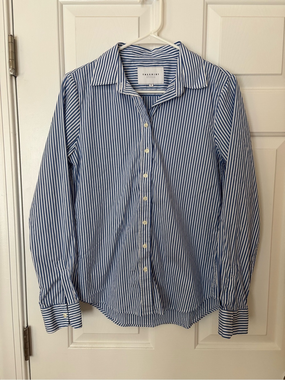 The Shirt by Rochelle Behrens Blue and White Striped Dress Shirt Size Small